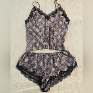 Victoria's Secret Black and Pink Plaid Satin With Lace Trim Sleepwear Set Large